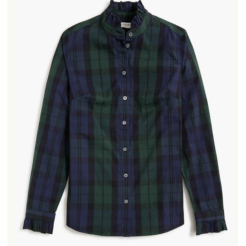 J‎ Crew Plaid Ruffle Neck Button Up Shirt Preppy Holiday Academia Schoolgirl
